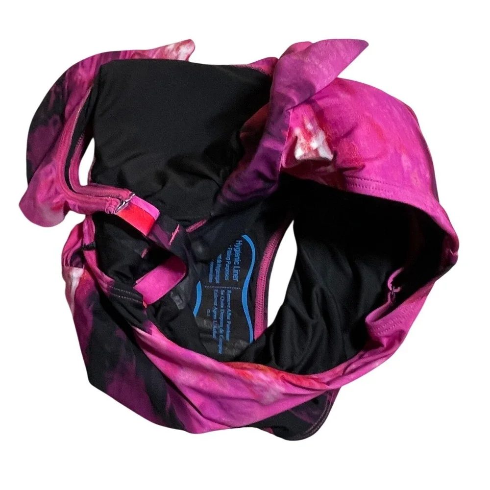 DKNY Womens Pink Abstract Watercolor Ruffle One Piece Swimsuit Underwire M NEW - Picture 3 of 7